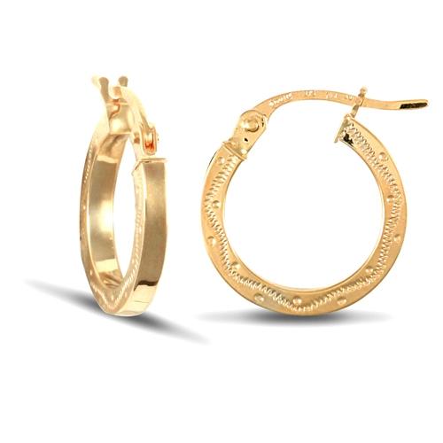 9ct Yellow Gold 2mm Floral Engraved Hoop Earrings 13mm - My Jewel World