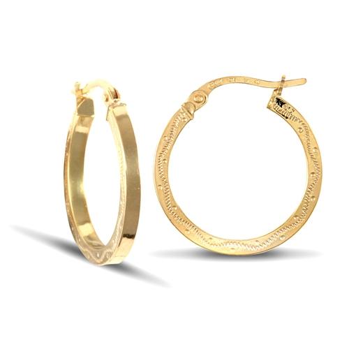 9ct Yellow Gold 2mm Floral Engraved Hoop Earrings 18mm - My Jewel World