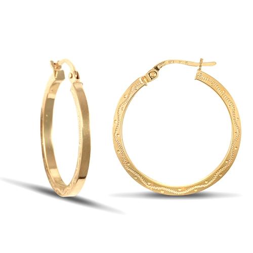 9ct Yellow Gold 2mm Floral Engraved Hoop Earrings 23mm - My Jewel World