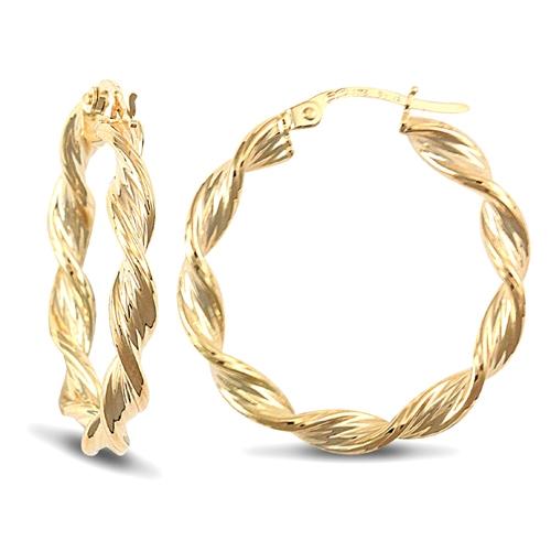 9ct Yellow Gold 3.5mm Barked Twisted Hoop Earrings 27mm - My Jewel World