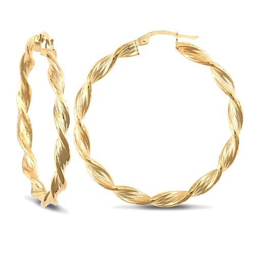 9ct Yellow Gold 3.5mm Barked Twisted Hoop Earrings 37mm - My Jewel World