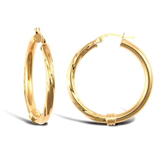 9ct Yellow Gold 3mm Half Twisted Half Straight Hoop Earrings 25mm - My Jewel World