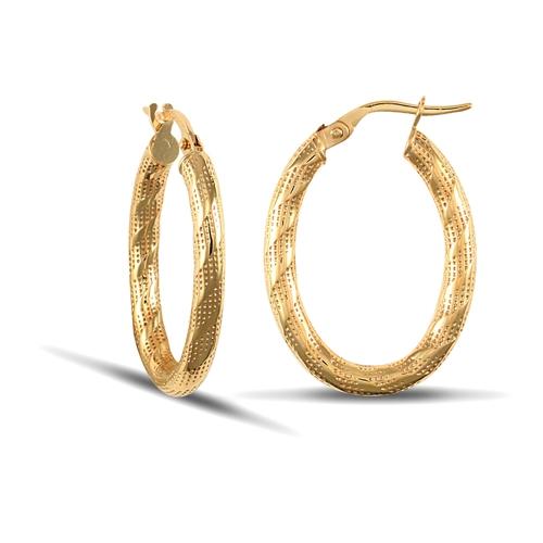 9ct Yellow Gold 3mm Oval Shaped Textured Striped Hoop Earrings 1.5g - My Jewel World