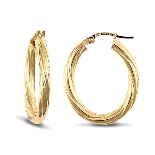 9ct Yellow Gold 3mm Oval Shaped Twisted Hoop Earrings 20x25mm - My Jewel World