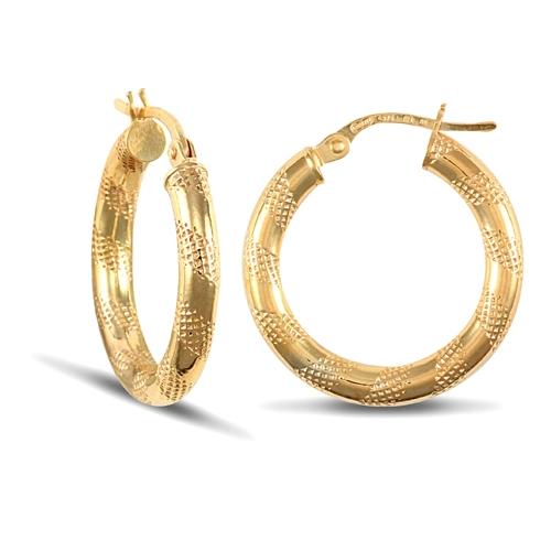 9ct Yellow Gold 3mm Textured Striped Hoop Earrings 20mm - My Jewel World