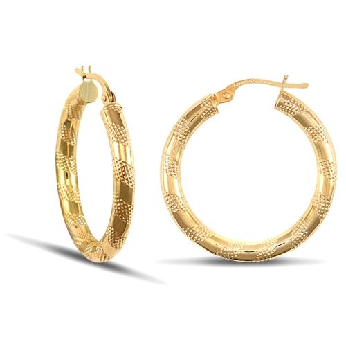 9ct Yellow Gold 3mm Textured Striped Hoop Earrings 25mm - My Jewel World