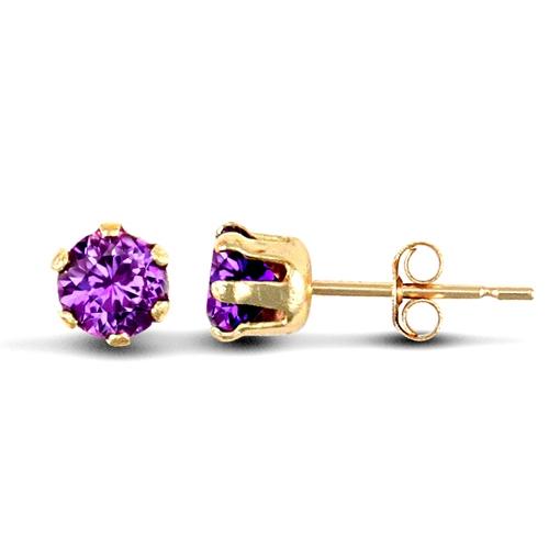 9ct Yellow Gold 6 Claw Round Amethyst CZ Solitaire Stud Earrings 3mm - My Jewel World