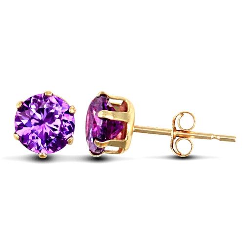 9ct Yellow Gold 6 Claw Round Amethyst CZ Solitaire Stud Earrings 5mm - My Jewel World