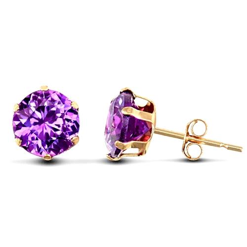 9ct Yellow Gold 6 Claw Round Amethyst CZ Solitaire Stud Earrings 6mm - My Jewel World