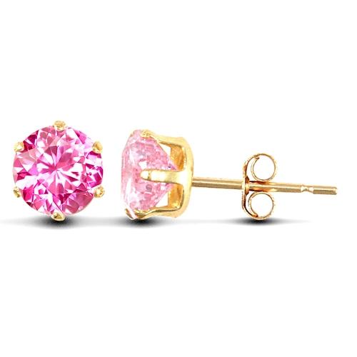 9ct Yellow Gold 6 Claw Round Pink CZ Solitaire Stud Earrings 6mm - My Jewel World