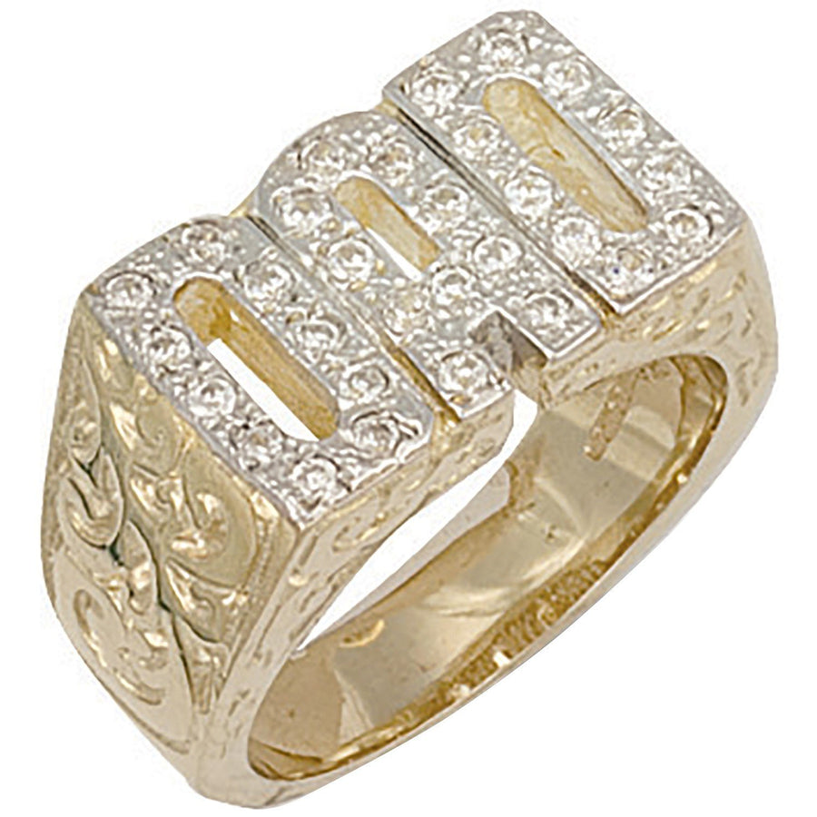 9ct Yellow Gold Cubic Zirconia Dad Ring with Carved Sides 11.0g - My Jewel World
