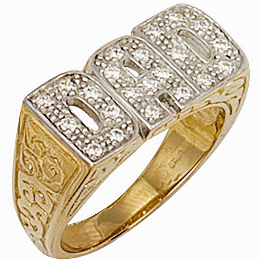 9ct Yellow Gold Cubic Zirconia Dad Ring with Carved Sides 7.9g - My Jewel World