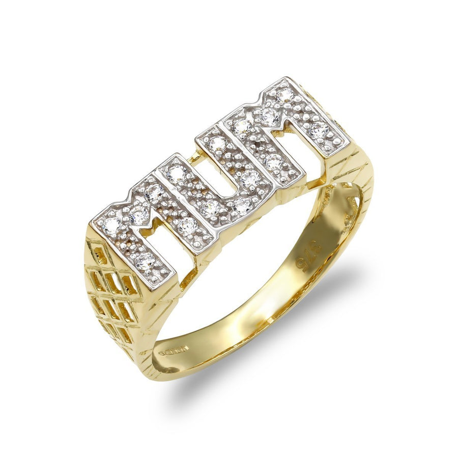9ct Yellow Gold CZ Mum Ring with Criss Cross Sides 2.4g - My Jewel World