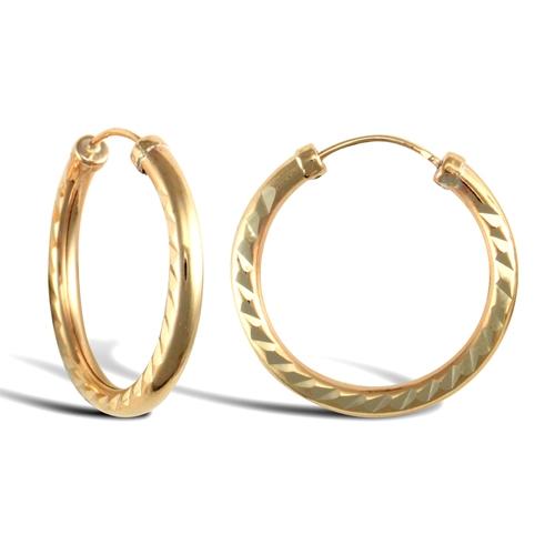 9ct Yellow Gold Diamond Cut 2.5mm Capped Sleeper Hoop Earrings 20mm - My Jewel World