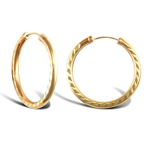 9ct Yellow Gold Diamond Cut 2.5mm Capped Sleeper Hoop Earrings 26mm - My Jewel World