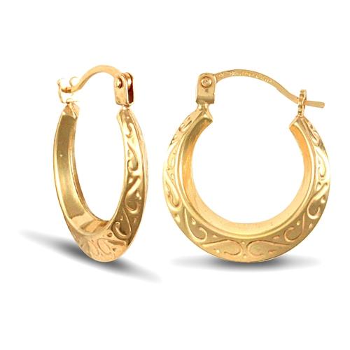 9ct Yellow Gold Floral Engraved Creole Hoop Earrings 15mm - My Jewel World
