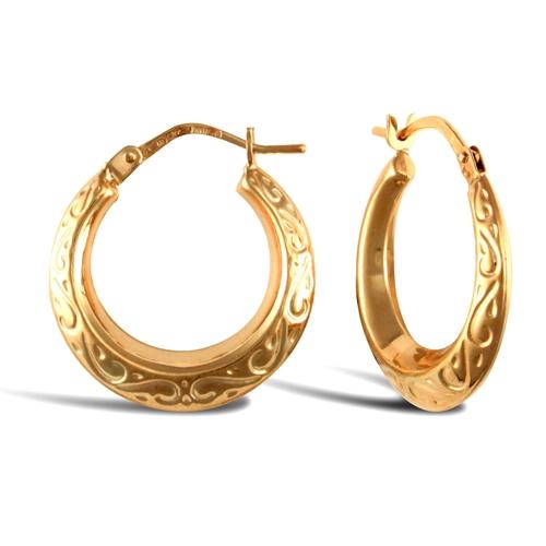 9ct Yellow Gold Floral Engraved Creole Hoop Earrings 18mm - My Jewel World