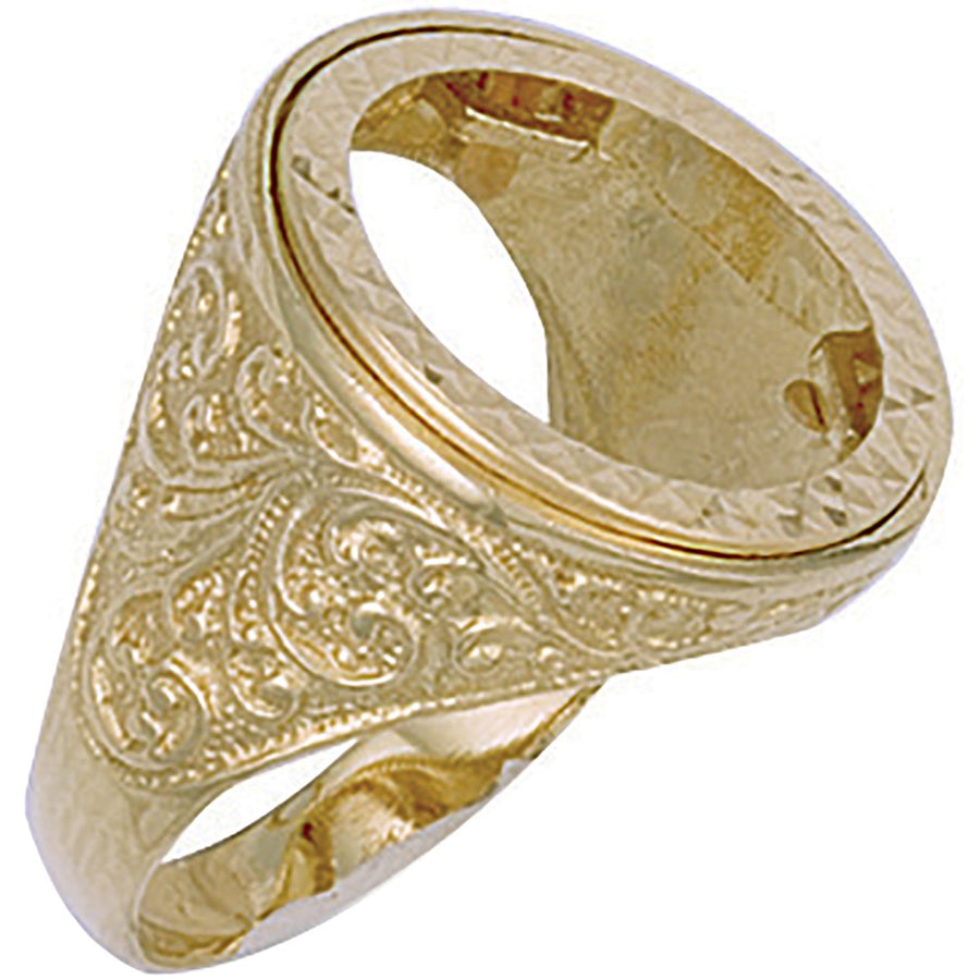 9ct Yellow Gold Full Sovereign Size Ring Mount with Floral Engraved Sides 11.4g - My Jewel World