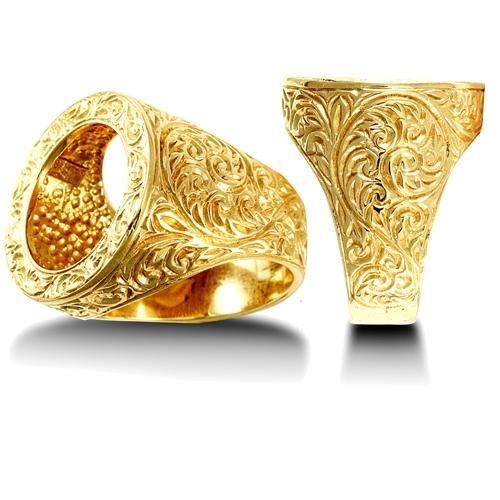 9ct Yellow Gold Full Sovereign Size Ring Mount with Floral Engraved Sides - My Jewel World