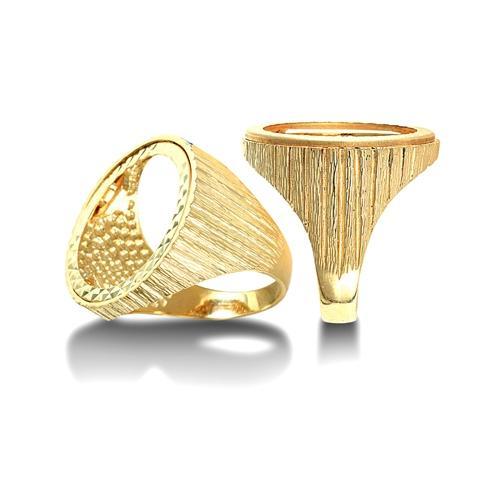 9ct Yellow Gold Full Sovereign Size Ring Mount with Ribbed Barked Sides - My Jewel World