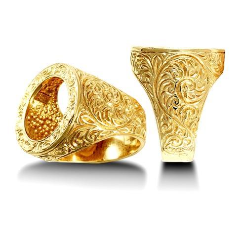 9ct Yellow Gold Half Sovereign Size Ring Mount with Floral Engraved Sides - My Jewel World
