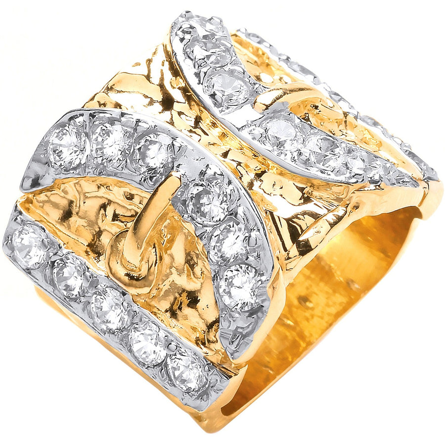 9ct Yellow Gold Hand Carved Double Buckle Ring set with Cubic Zirconia 27.7g - My Jewel World