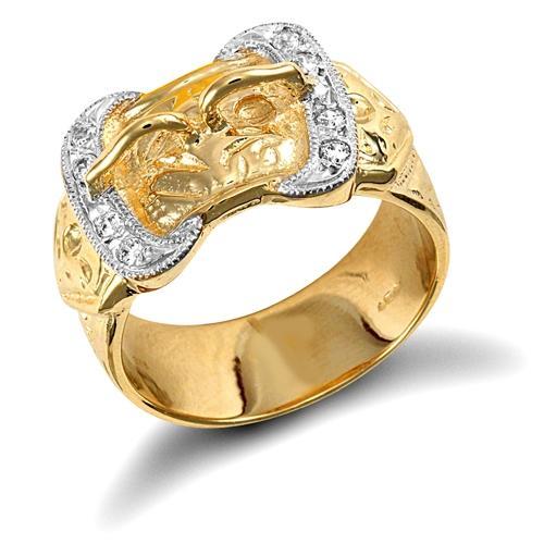 9ct Yellow Gold Hand Carved Double Buckle Ring set with Cubic Zirconia - My Jewel World