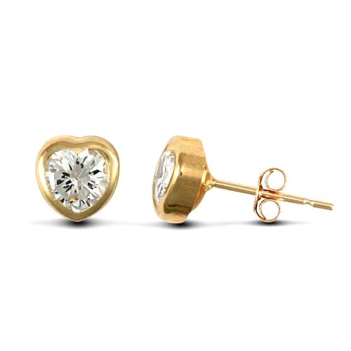 9ct Yellow Gold Heart Shape Rub-Over Round CZ Solitaire Stud Earrings - My Jewel World