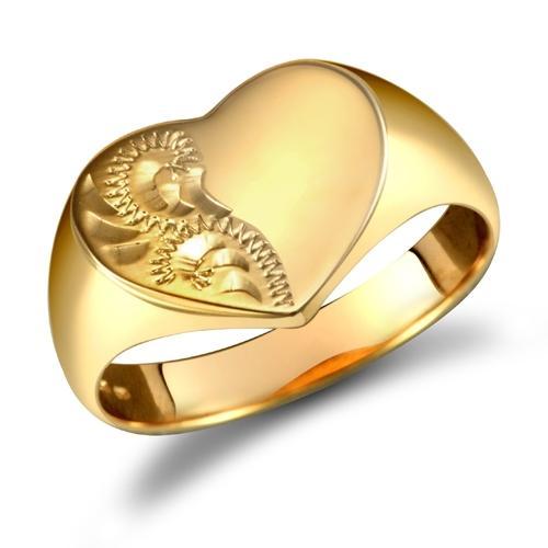 9ct Yellow Gold Heart Shaped Half Plain & Half Engraved Signet Ring - My Jewel World