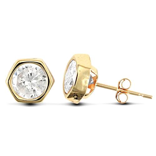 9ct Yellow Gold Hexagon Shape Rub-Over Round CZ Solitaire Earrings - My Jewel World
