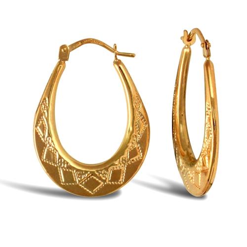 9ct Yellow Gold Oval Shape Diamond Pattern Creole Earrings 20x27mm - My Jewel World