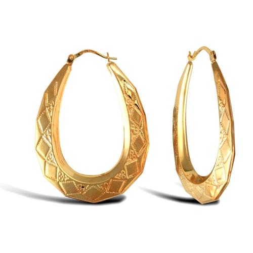 9ct Yellow Gold Oval Shape Diamond Pattern Creole Earrings 30x40mm - My Jewel World