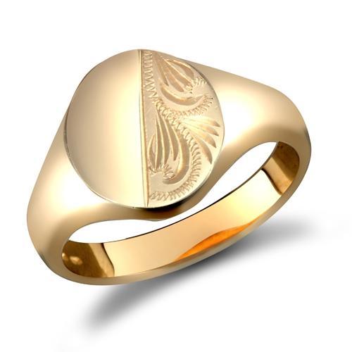 9ct Yellow Gold Oval Shaped Half Plain & Half Engraved Signet Ring - My Jewel World