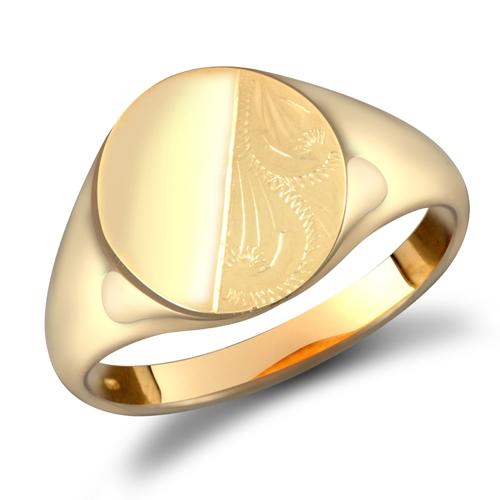 9ct Yellow Gold Oval Shaped Half Plain & Half Engraved Signet Ring - My Jewel World