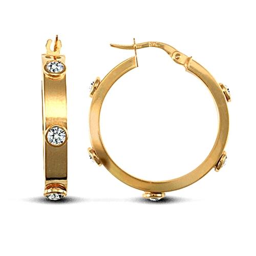 9ct Yellow Gold Rub-Over Round CZ 4mm Hoop Earrings 24mm - My Jewel World