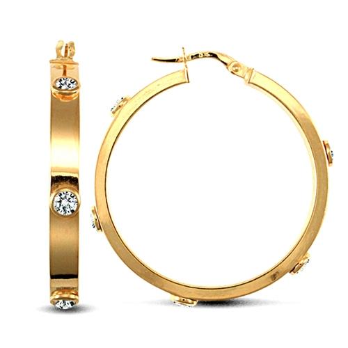 9ct Yellow Gold Rub-Over Round CZ 4mm Hoop Earrings 32mm - My Jewel World