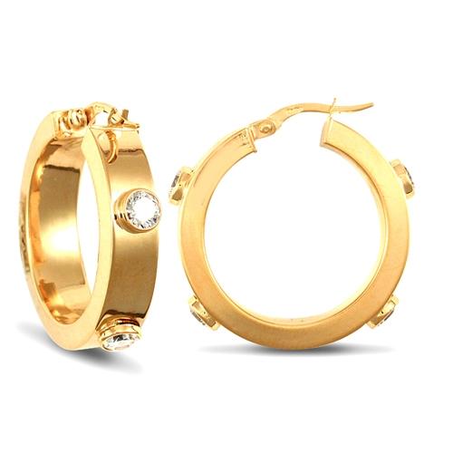 9ct Yellow Gold Rub-Over Round CZ 6mm Hoop Earrings 26mm - My Jewel World