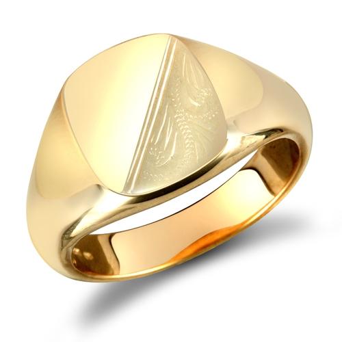 9ct Yellow Gold Square Shaped Half Plain & Half Engraved Signet Ring