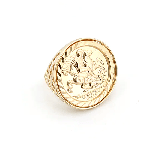 9ct Yellow Gold St. George Full Sovereign Ring with Crisscross Sides - My Jewel World