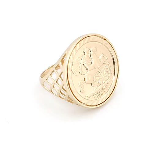 9ct Yellow Gold St. George Half Sovereign Ring with Crisscross Sides - My Jewel World