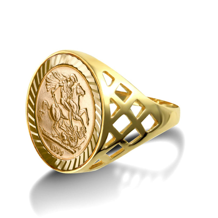 9ct Yellow Gold St. George Krugerrand Size Ring with Crisscross Sides