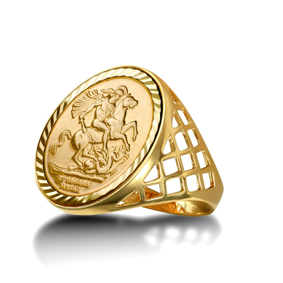 9ct Yellow Gold St. George Half Sovereign Ring with Crisscross Sides