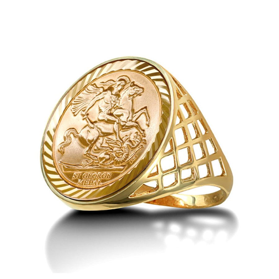 9ct Yellow Gold St. George Full Sovereign Ring with Crisscross Sides