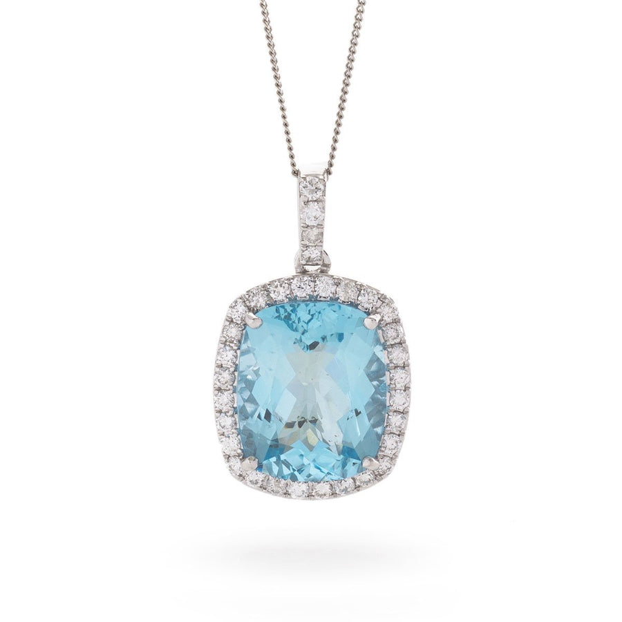 Aquamarine & Diamond Halo Necklace 4.30ct F VS Quality in 18k White Gold