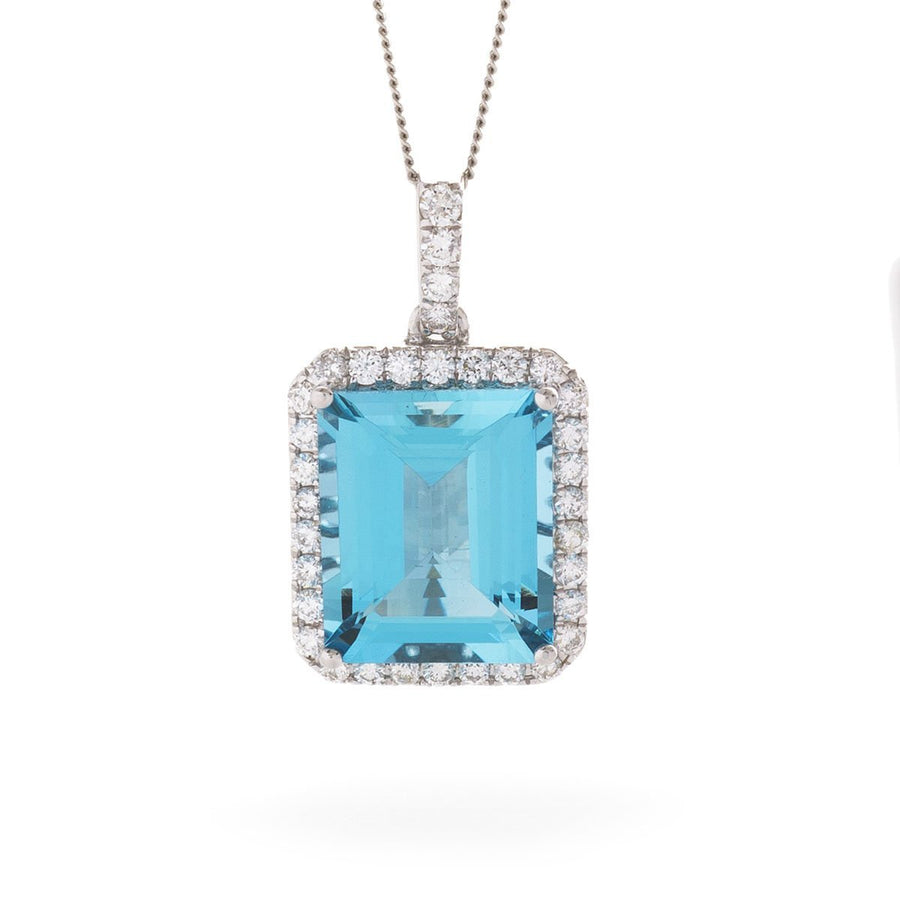 Aquamarine & Diamond Halo Necklace 4.61ct F VS Quality in 18k White Gold