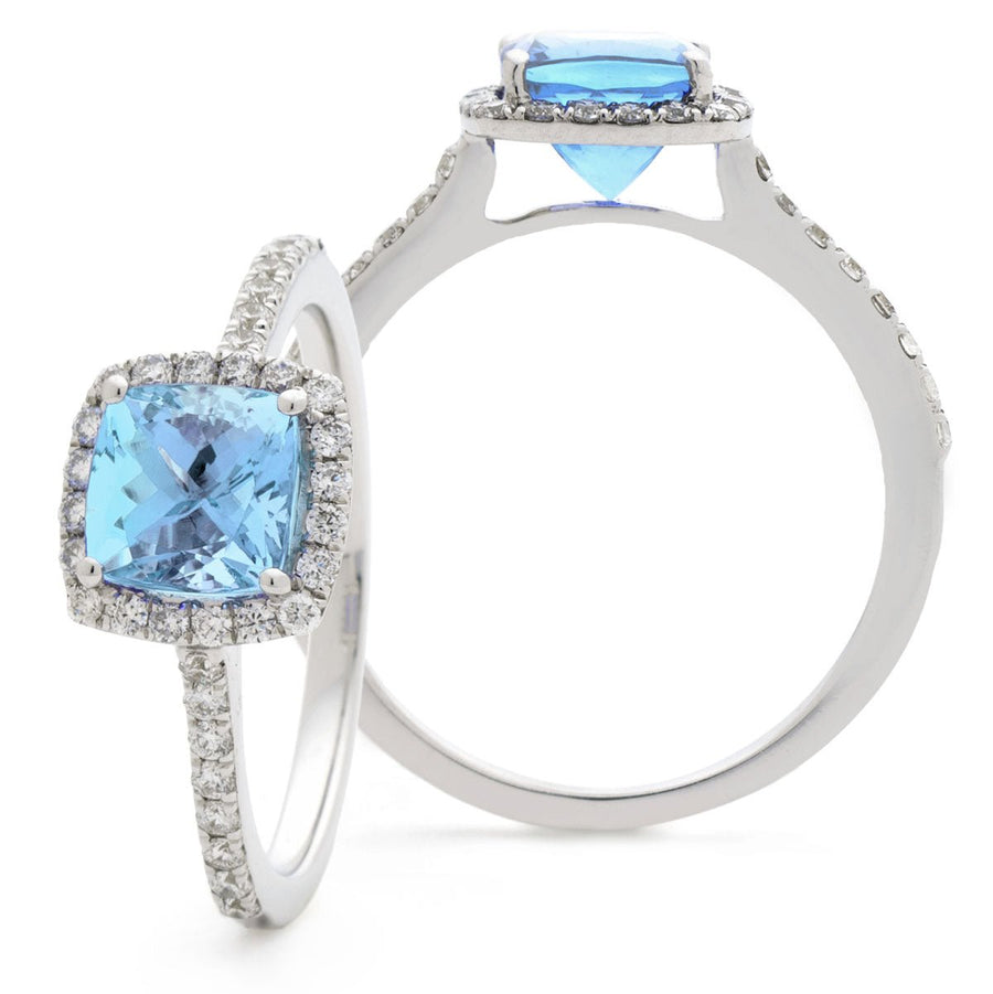 Aquamarine & Diamond Halo Ring 1.20ct F-VS Quality in 18k White Gold - My Jewel World