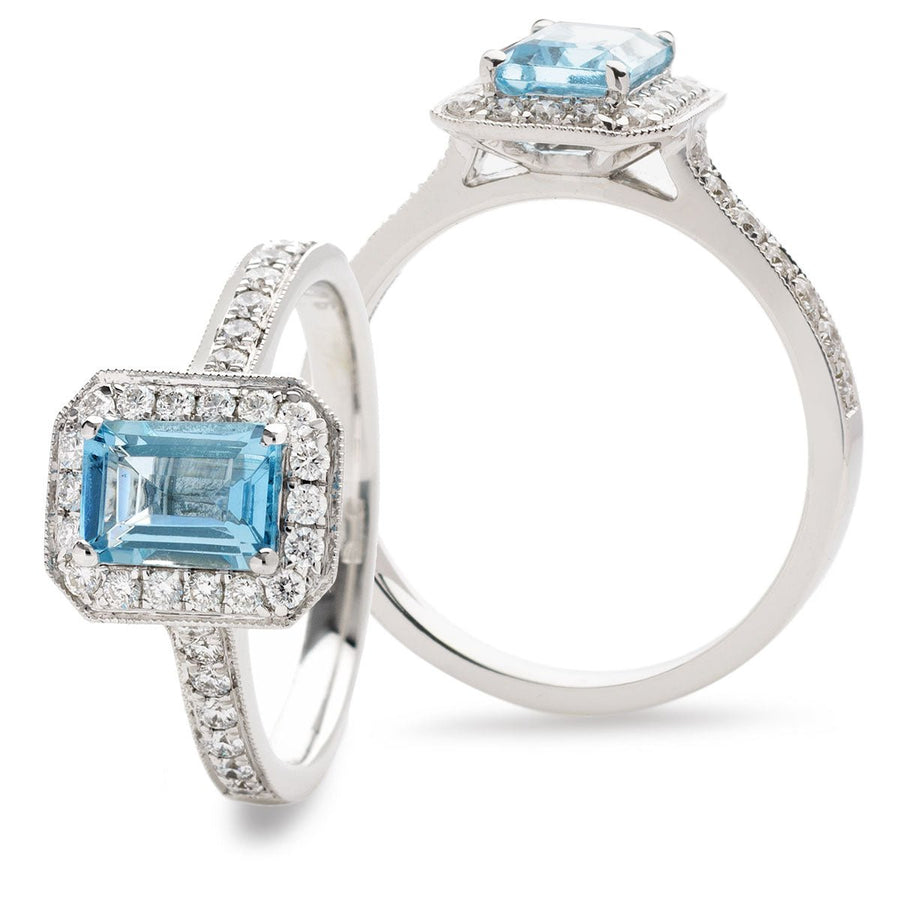 Aquamarine & Diamond Halo Ring 1.28ct F-VS Quality in 18k White Gold - My Jewel World