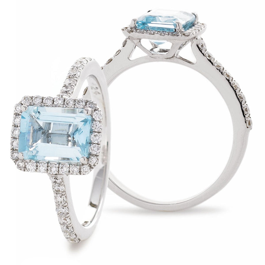 Aquamarine & Diamond Halo Ring 1.75ct F-VS Quality in 18k White Gold - My Jewel World