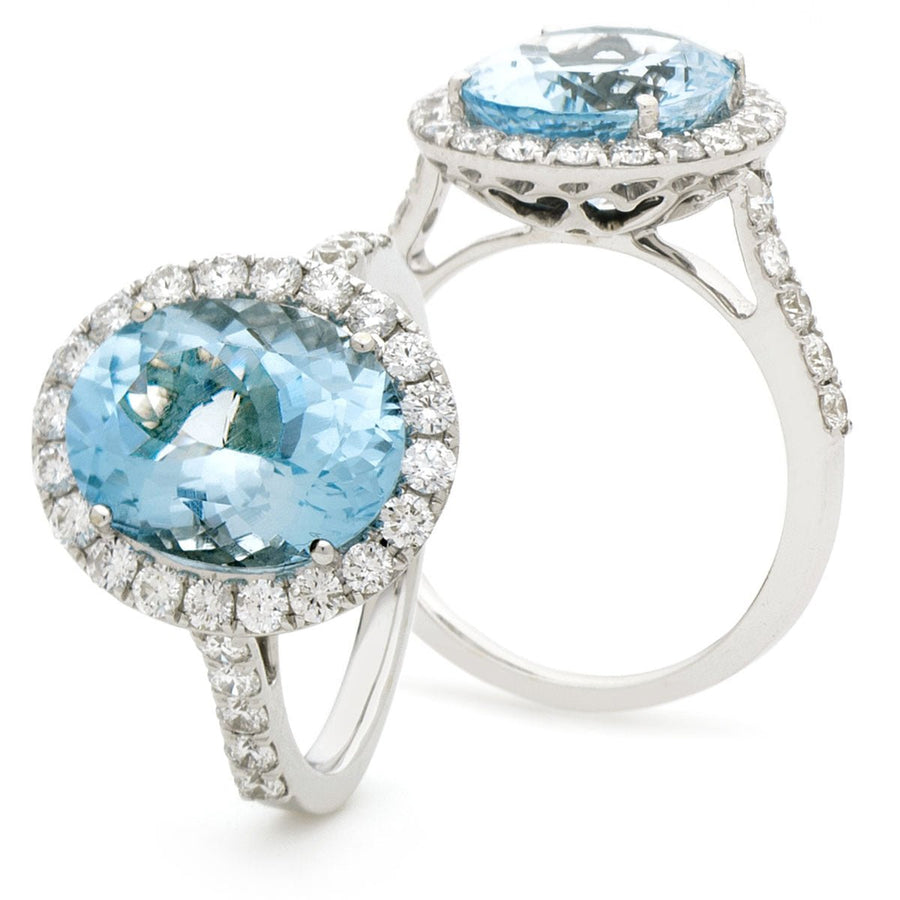 Aquamarine & Diamond Halo Ring 2.00ct F-VS Quality in 18k White Gold - My Jewel World