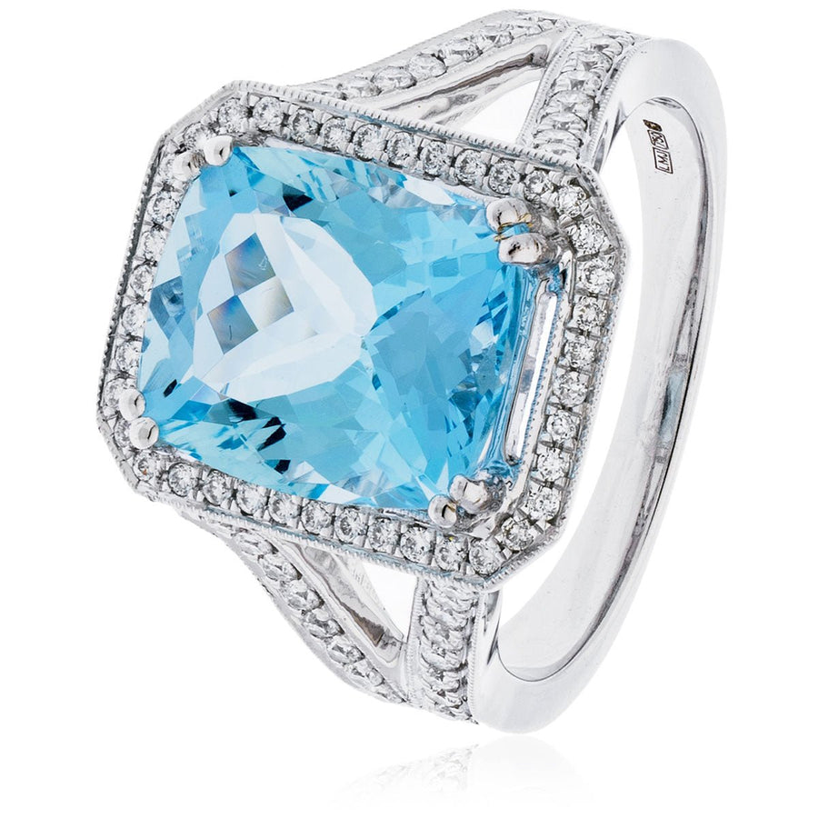 Aquamarine & Diamond Halo Ring 4.80ct F-VS Quality in 18k White Gold - My Jewel World